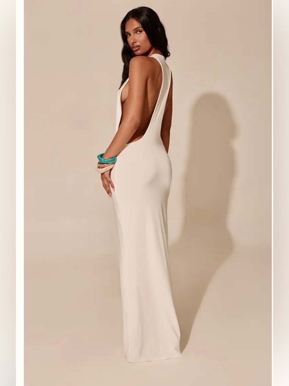 Pretty Little Thing Cream Double Layer Slinky Open Racer Back Maxi Dress CREAM